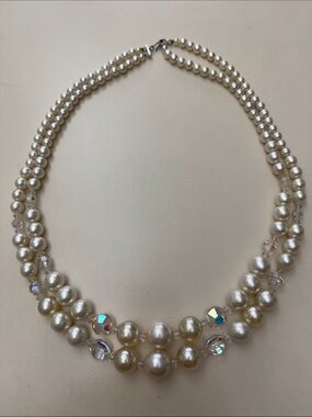 Vintage Double-Strand Faux Pearl Necklace with Aurora Beads - White